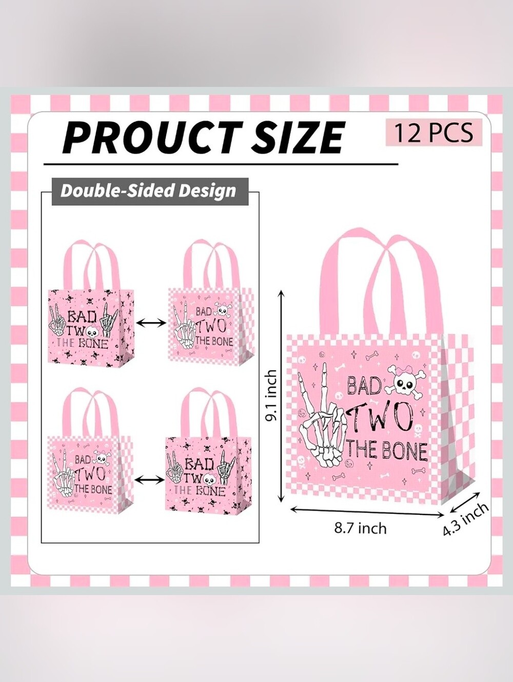 Bad TWO the Bone 2nd Birthday Treat Bags Pink Skull Party Set of 12 - Picture 4 of 6